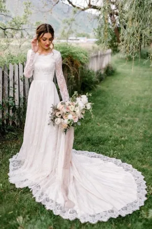 Long Lace Sleeve Modest Bride Dresses with Chapel Train