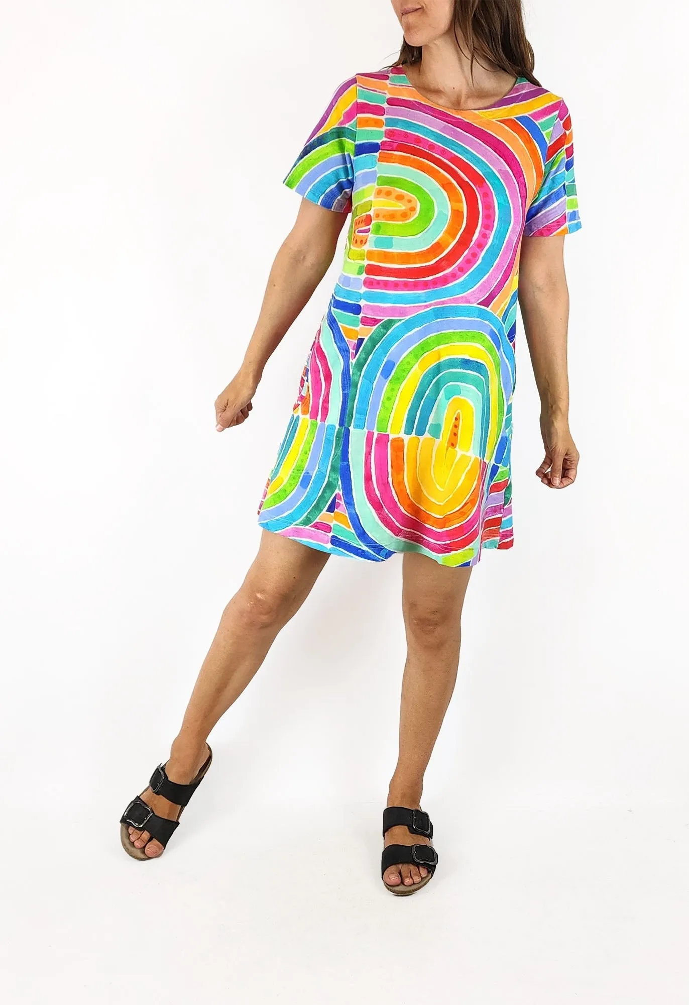 Lordy Dordy rainbow print t-shirt dress size XS, fits 6 and 8