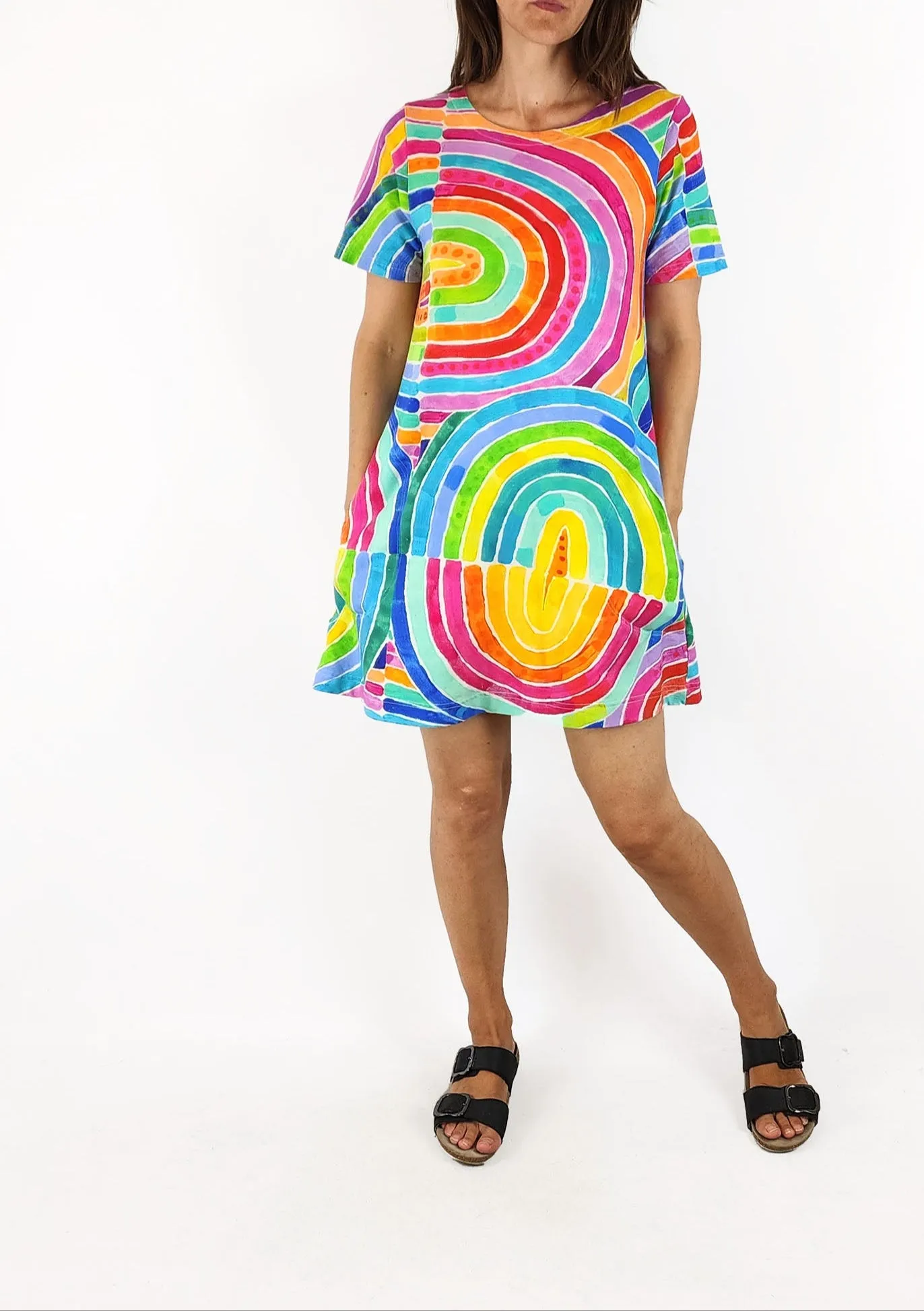 Lordy Dordy rainbow print t-shirt dress size XS, fits 6 and 8