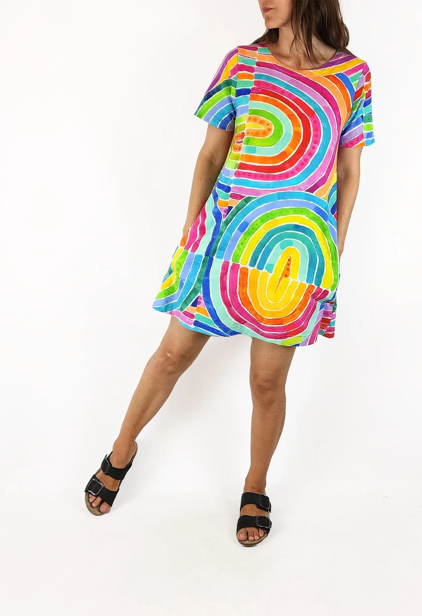 Lordy Dordy rainbow print t-shirt dress size XS, fits 6 and 8