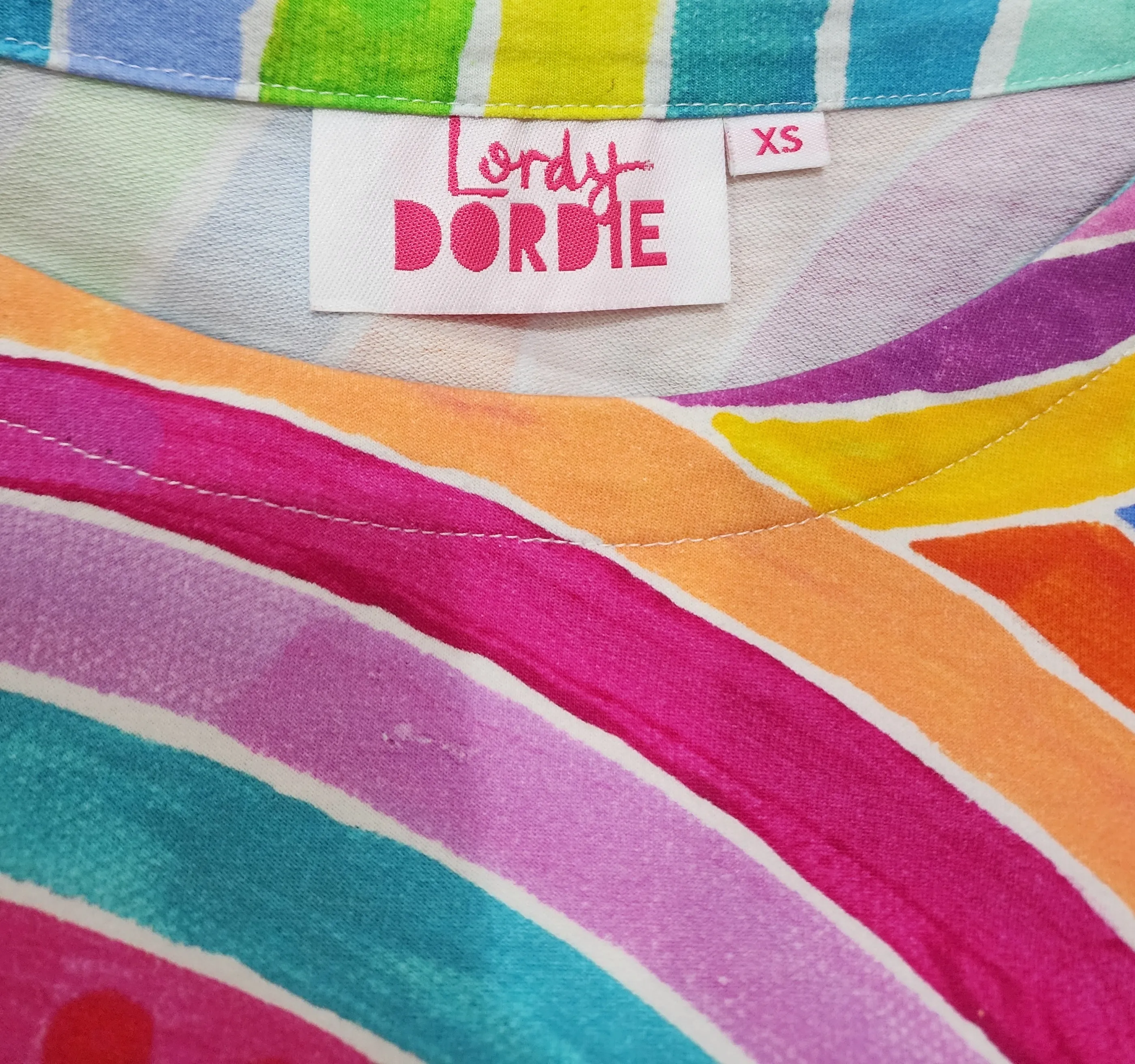 Lordy Dordy rainbow print t-shirt dress size XS, fits 6 and 8