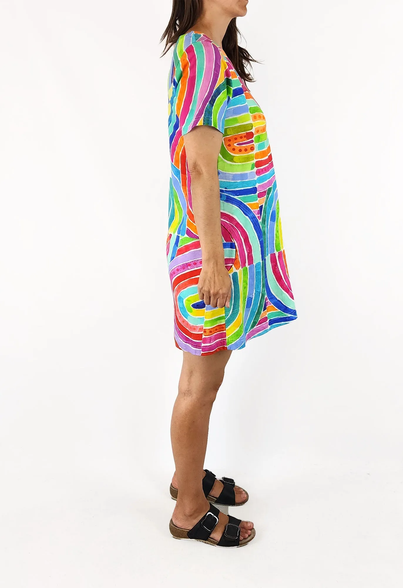Lordy Dordy rainbow print t-shirt dress size XS, fits 6 and 8