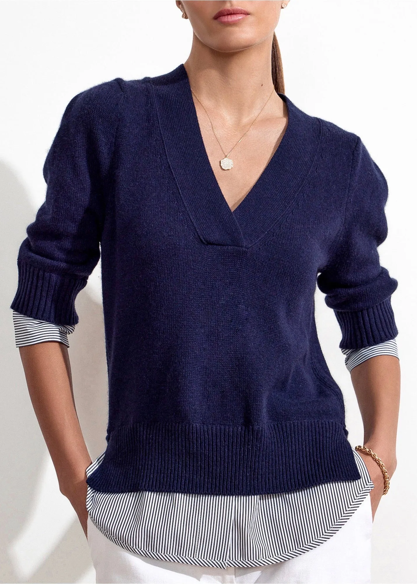 Lucie Layered Vee Looker (Navy/Stripe woven)