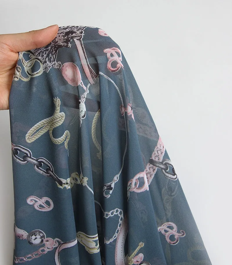 Luxury Chain Chiffon Fabric, Coral Pink, Teal, By the Yard /55985