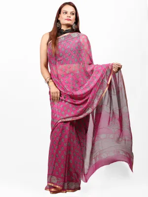 Magenta Pink Green Hand Block Printed Chiffon Saree with Zari Border - S031703429
