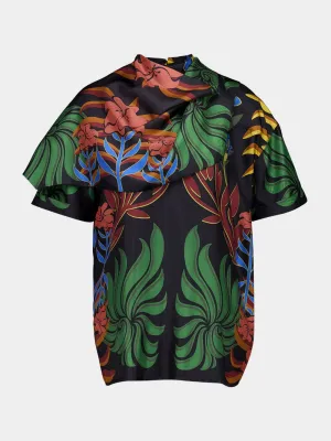 Magnolia Visual Garden Print Printed Silk Twill Top with Scarf