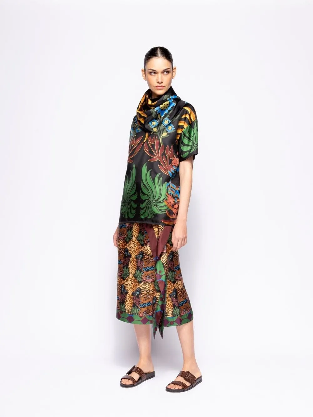 Magnolia Visual Garden Print Printed Silk Twill Top with Scarf