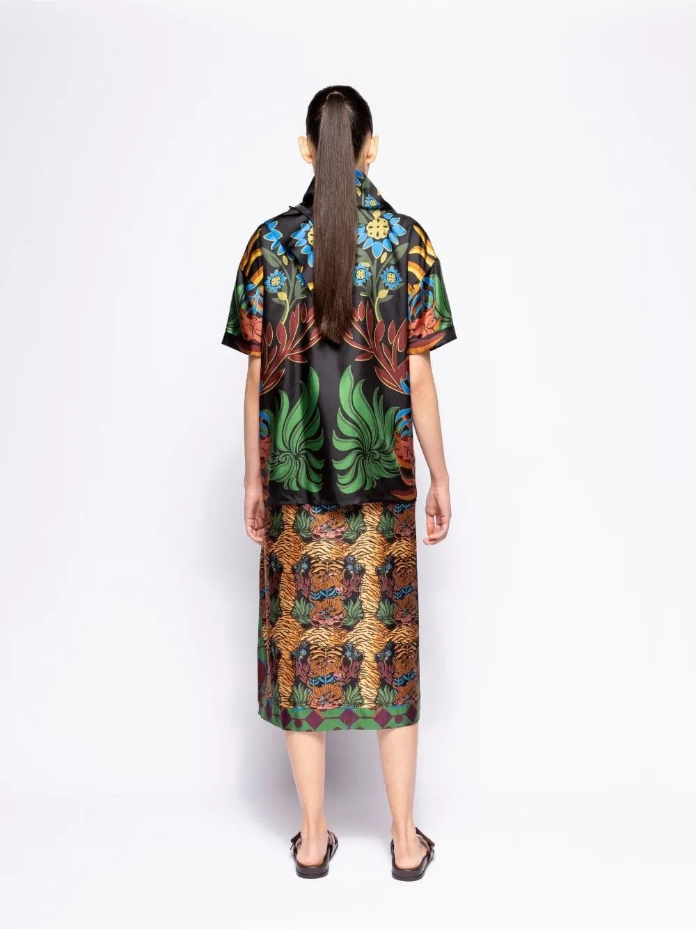 Magnolia Visual Garden Print Printed Silk Twill Top with Scarf