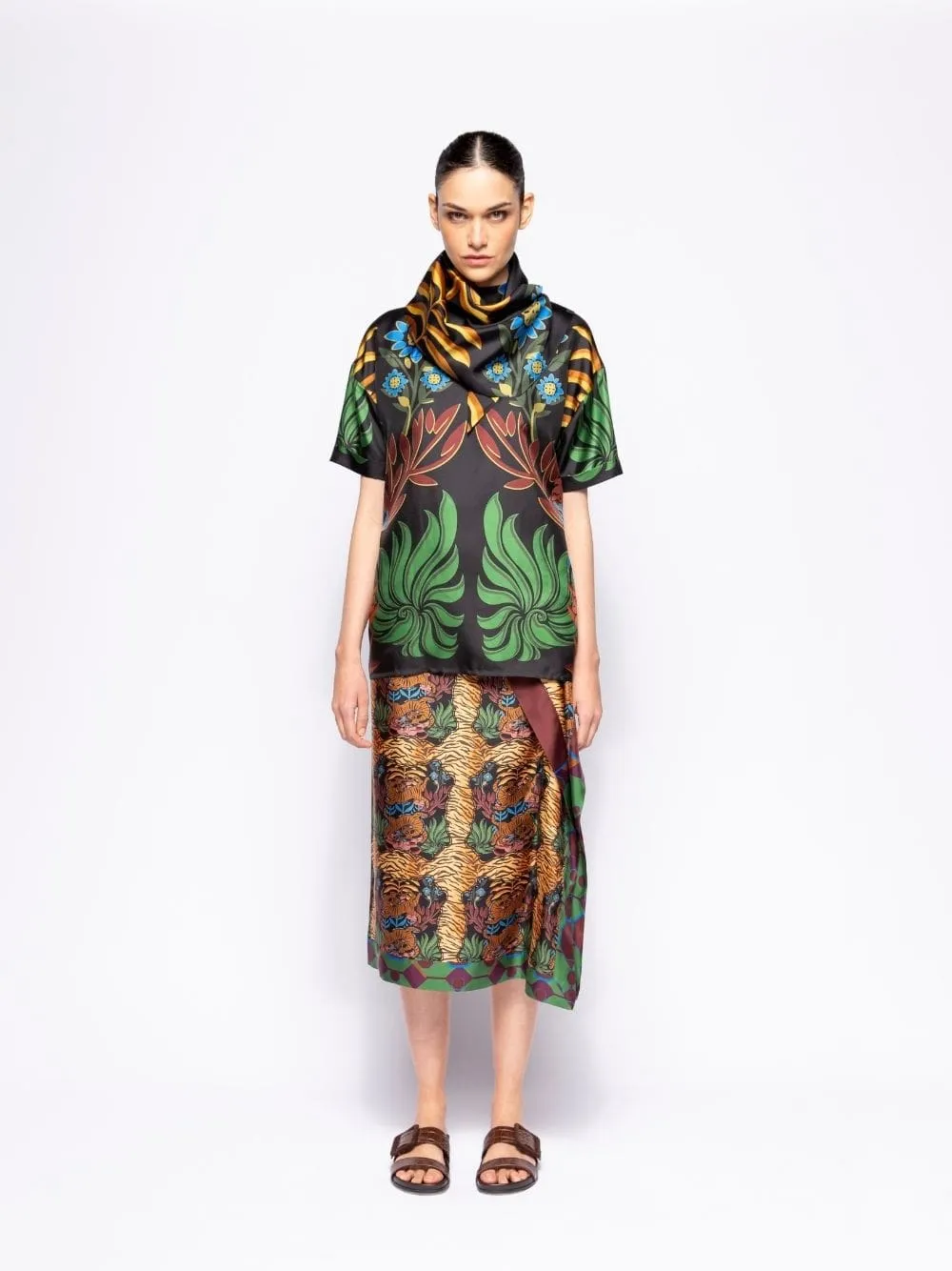 Magnolia Visual Garden Print Printed Silk Twill Top with Scarf