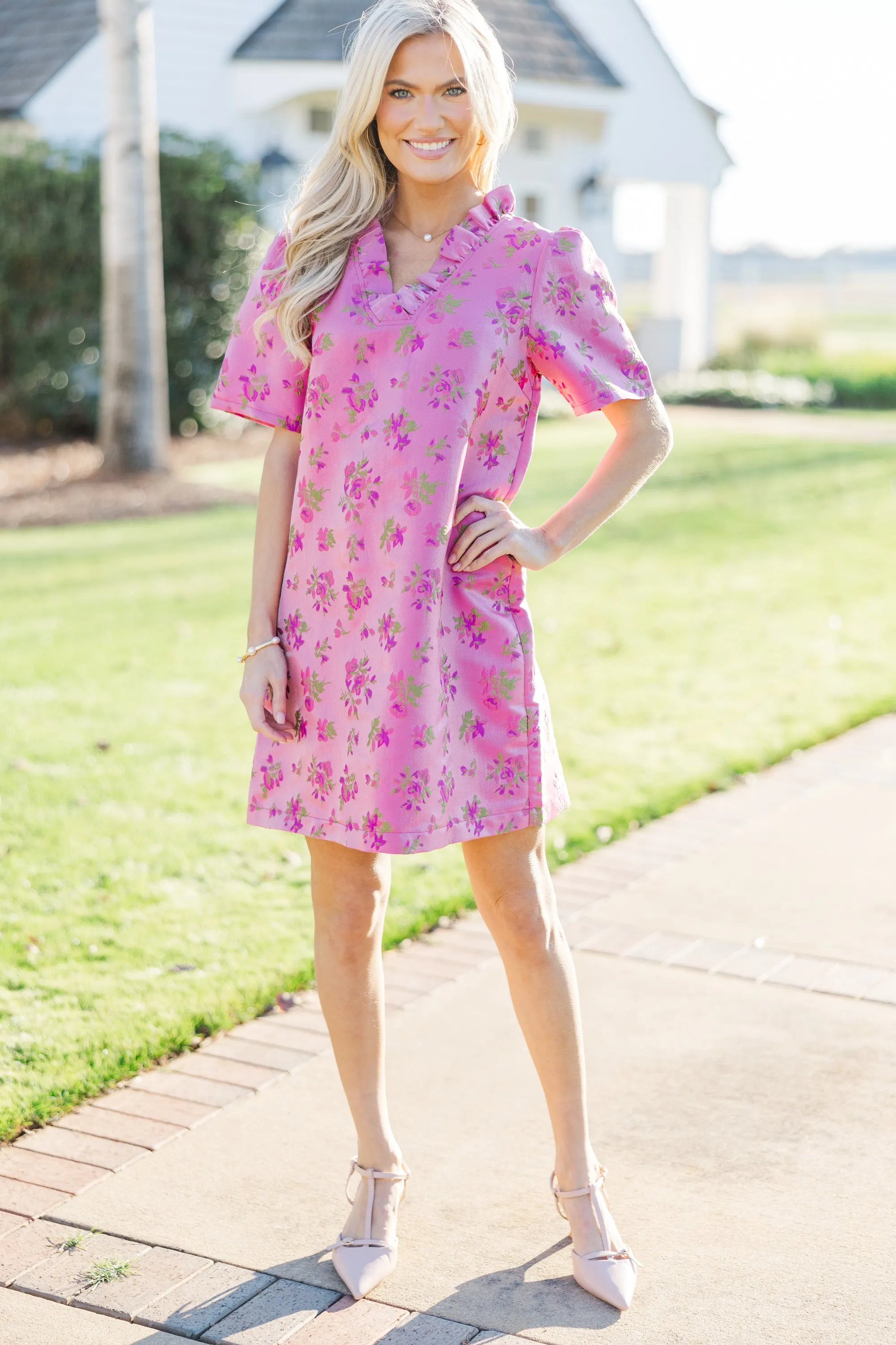 Make Your Move Pink Floral Brocade Dress