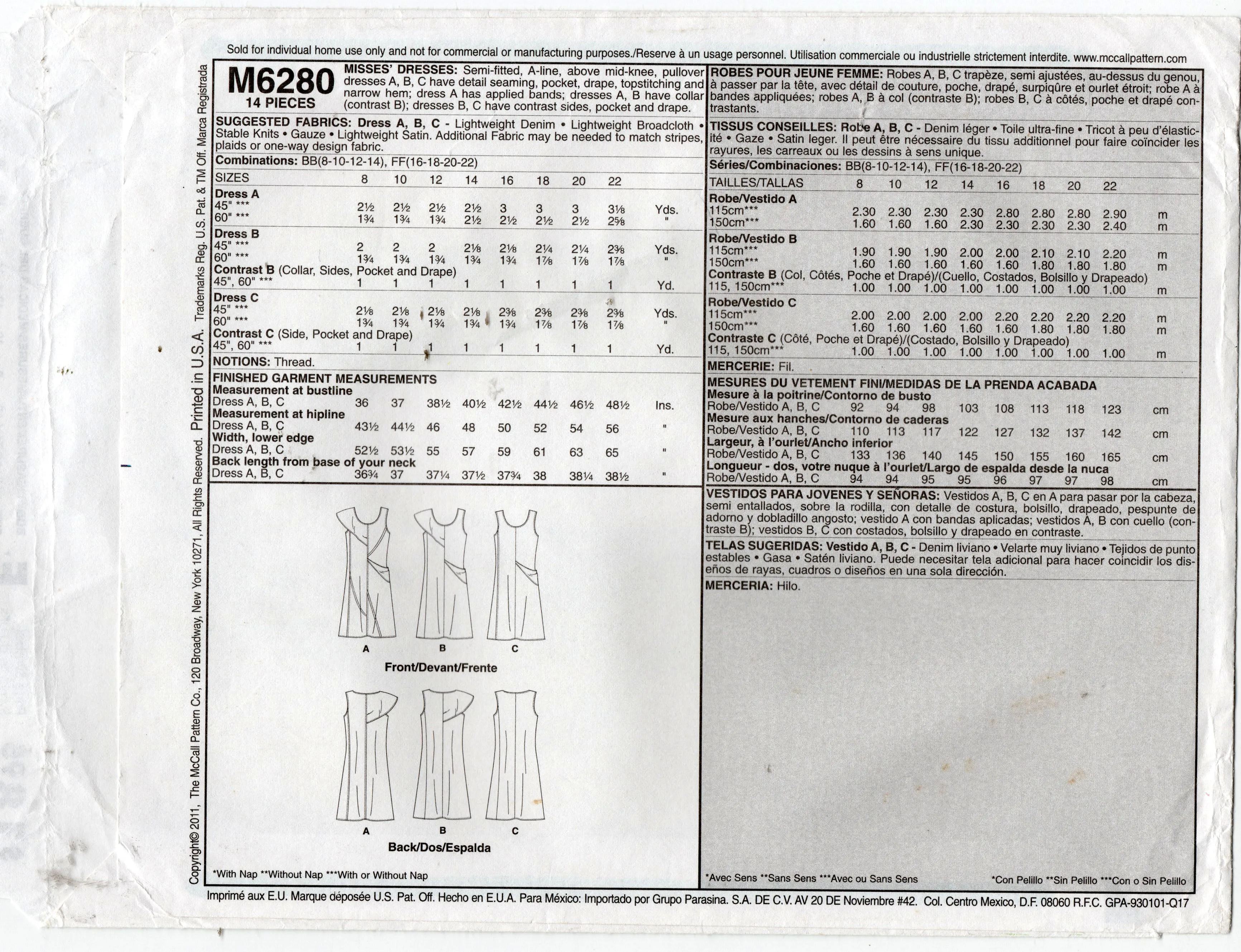 McCall's M6280 Asymmetric Seamed Shift Dress Out Of Print Sewing Pattern Sizes 8 - 14 UNCUT Factory Folded