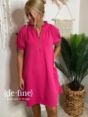 Mineral Washed Fuchsia Terry Shirt Dress with Zipper