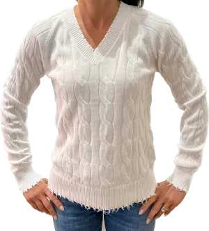 Minnie Rose Cotton Cable Frayed V Neck Sweater