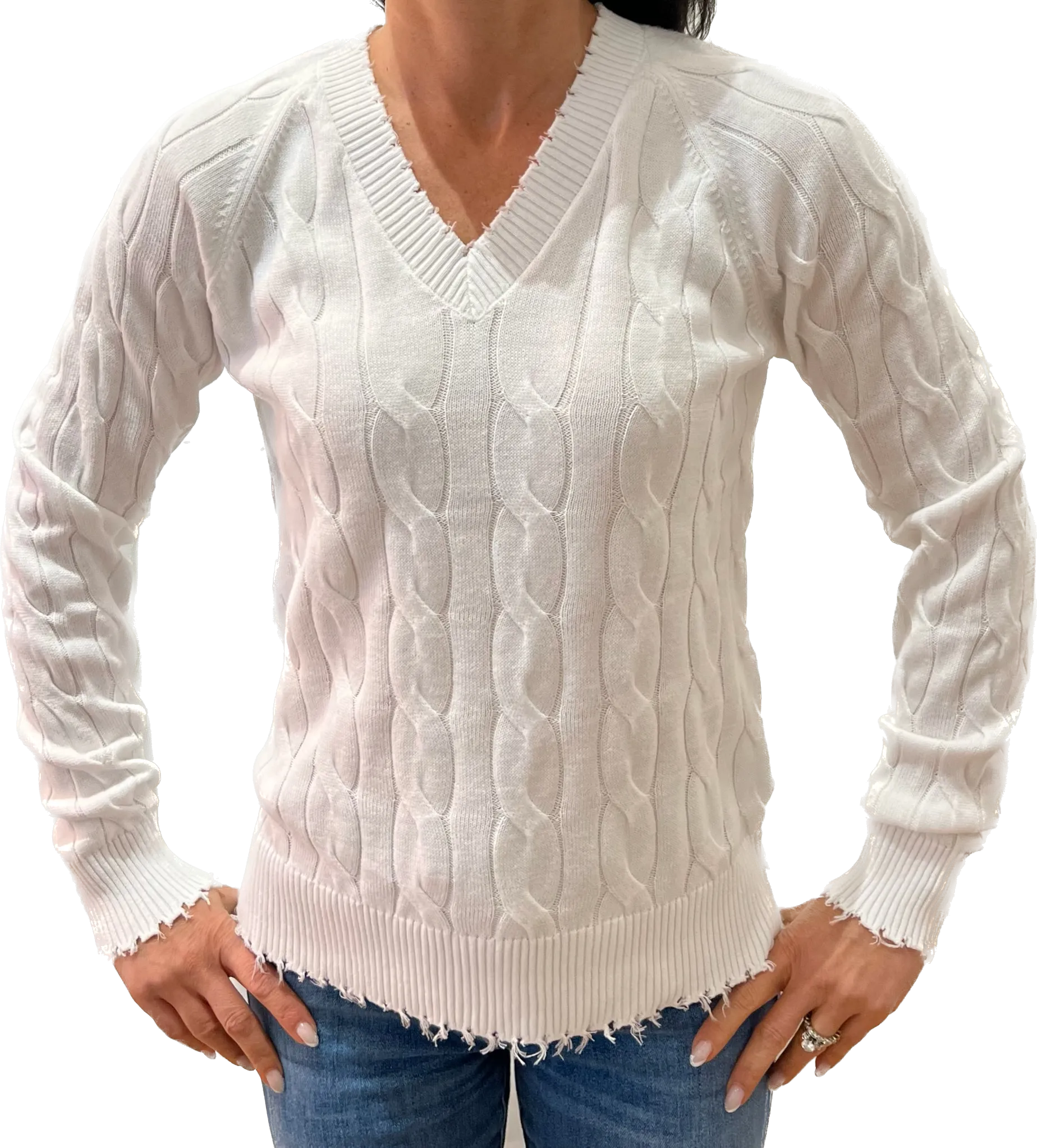 Minnie Rose Cotton Cable Frayed V Neck Sweater