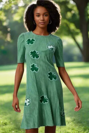 Mint Green Sequin Clover Graphic Puff Sleeve Corded T Shirt Dress