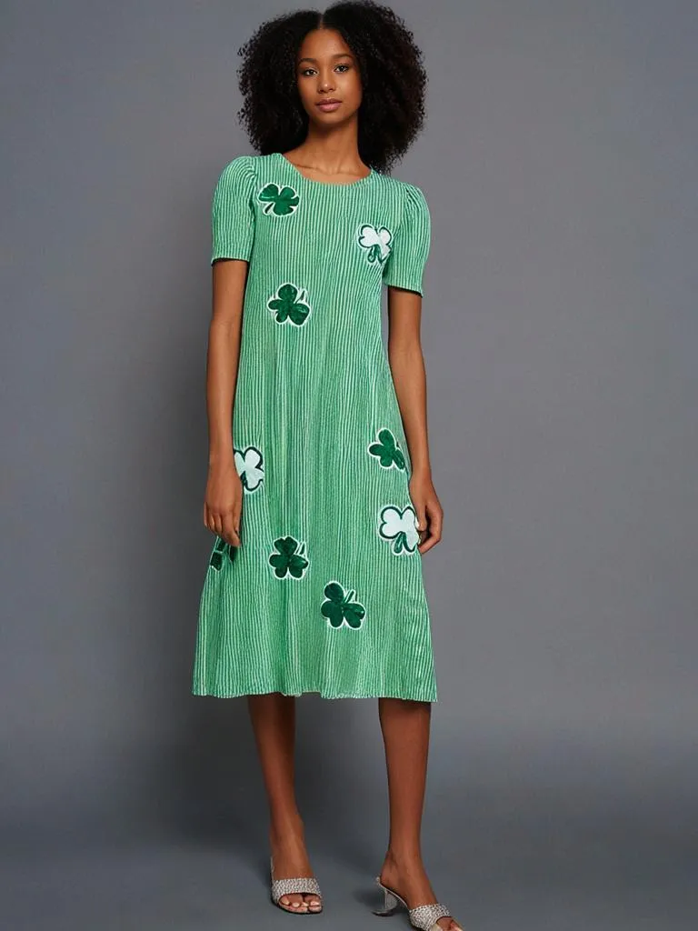 Mint Green Sequin Clover Graphic Puff Sleeve Corded T Shirt Dress
