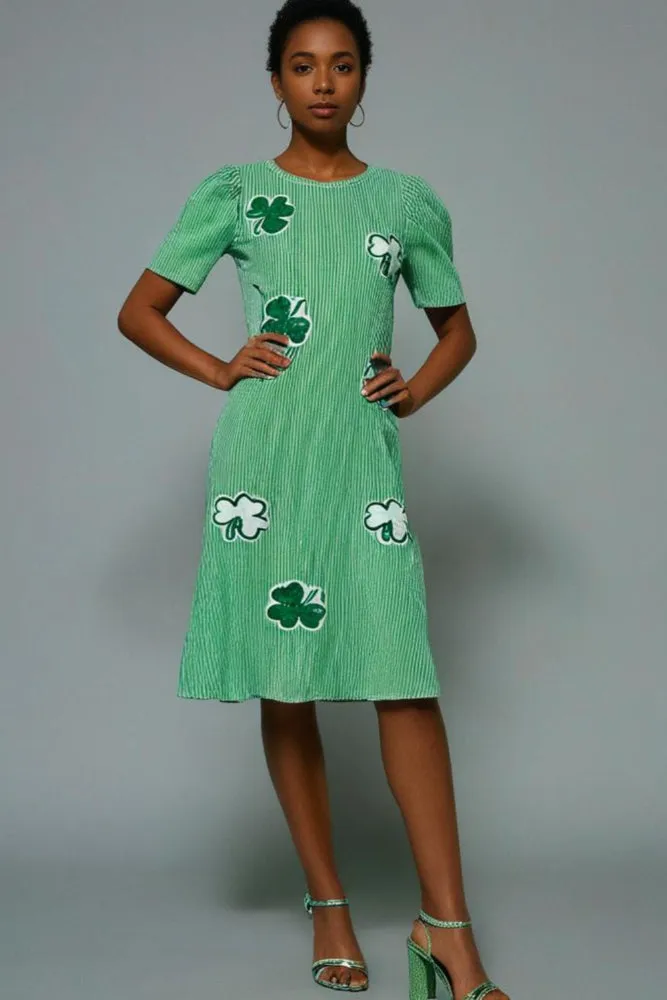 Mint Green Sequin Clover Graphic Puff Sleeve Corded T Shirt Dress