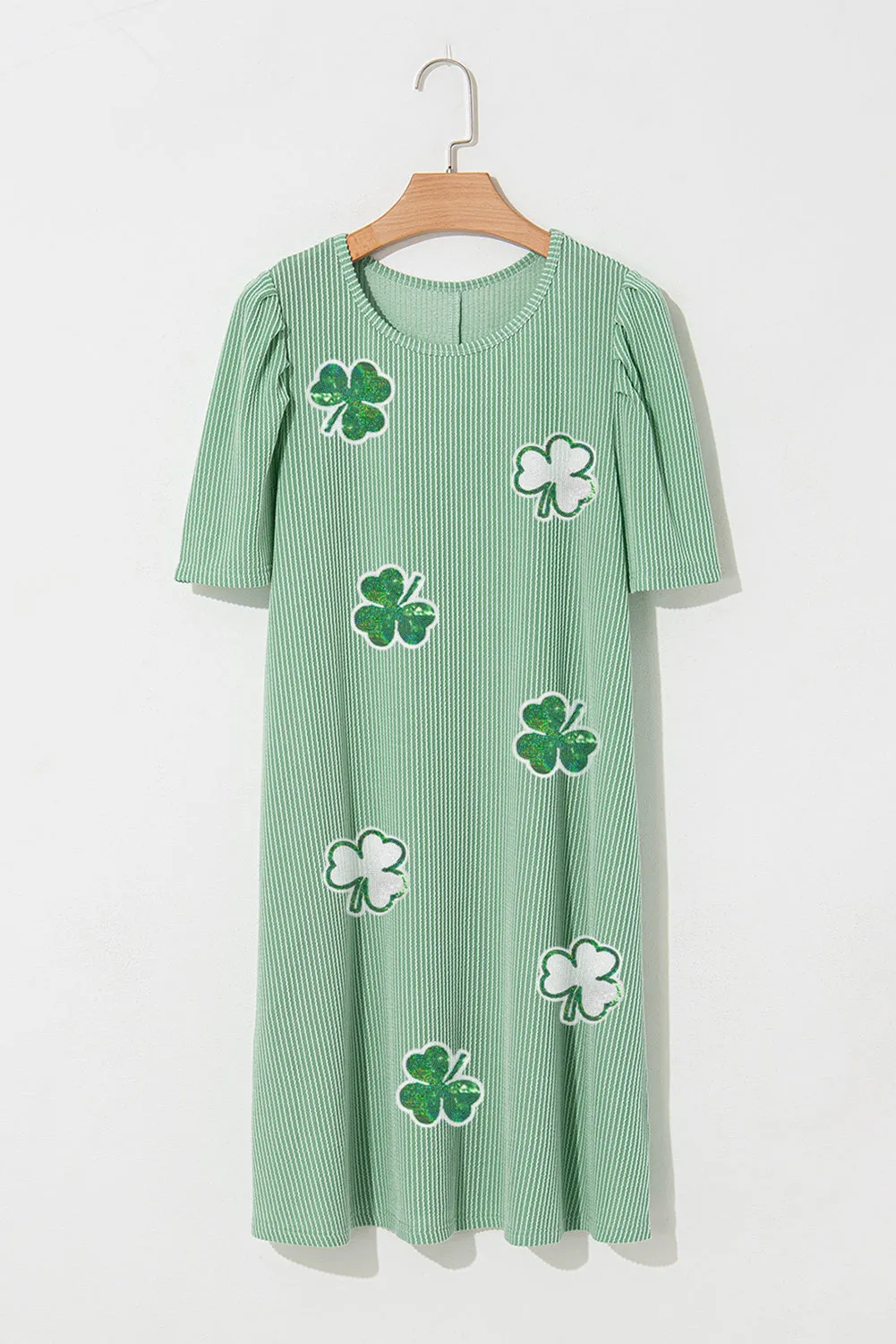 Mint Green Sequin Clover Graphic Puff Sleeve Corded T Shirt Dress