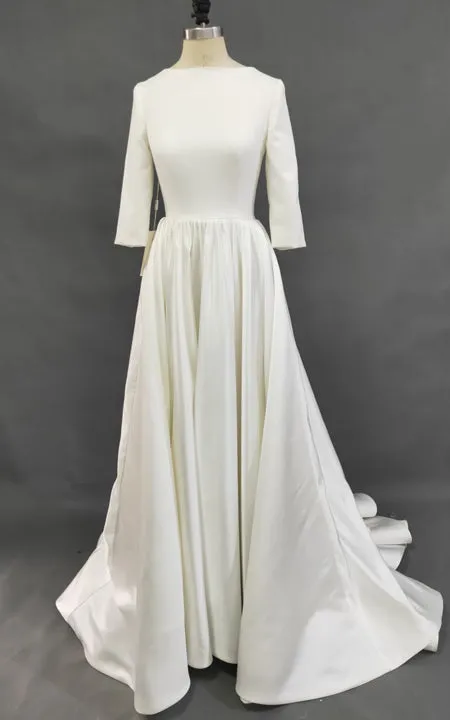 Modern Simple Long Sleeve A-Line Satin Wedding Dress With Open Back-ZET_711539