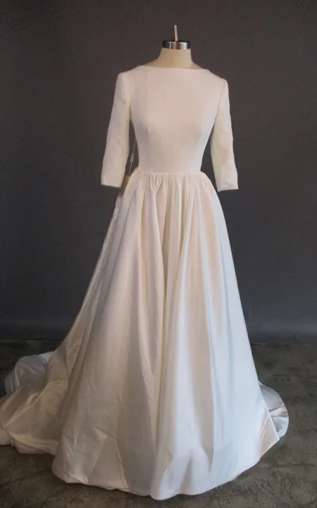Modern Simple Long Sleeve A-Line Satin Wedding Dress With Open Back-ZET_711539