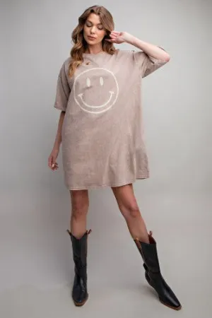 Mushroom Washed Cotton Smiles T Shirt Dress