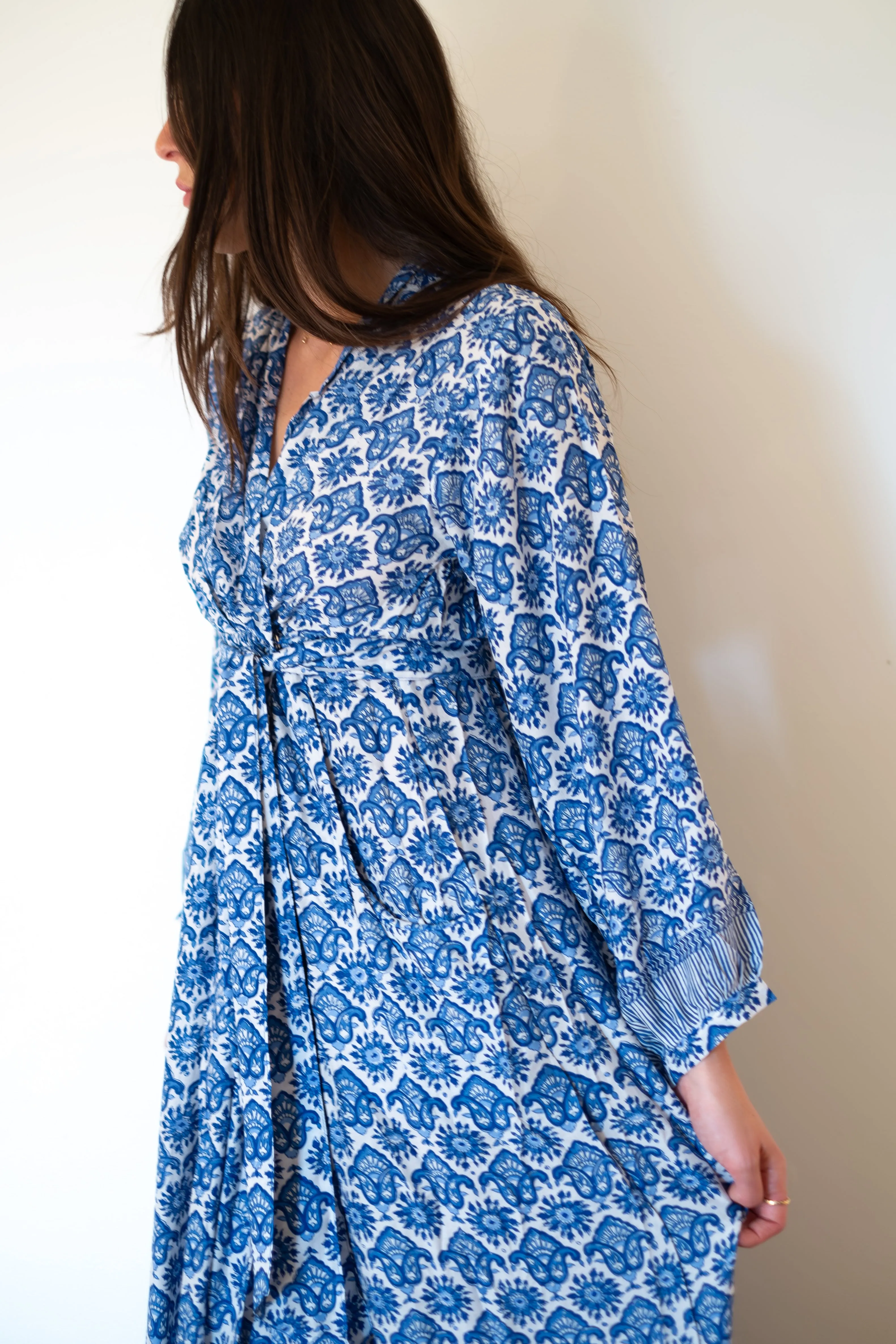 Natalie Martin Nico Long Sleeve Maxi Dress - Fleur-De-Lis-Blue
