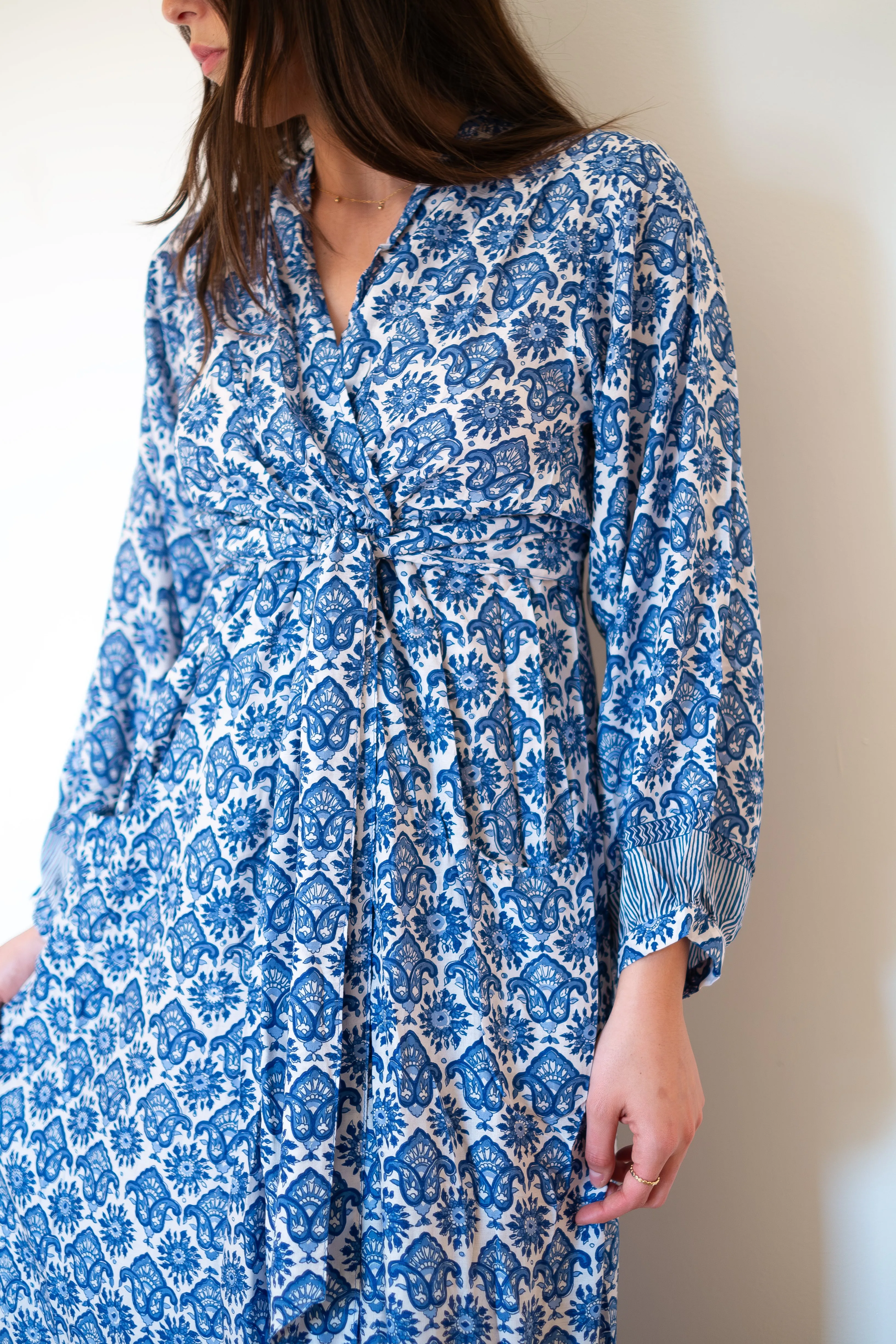 Natalie Martin Nico Long Sleeve Maxi Dress - Fleur-De-Lis-Blue