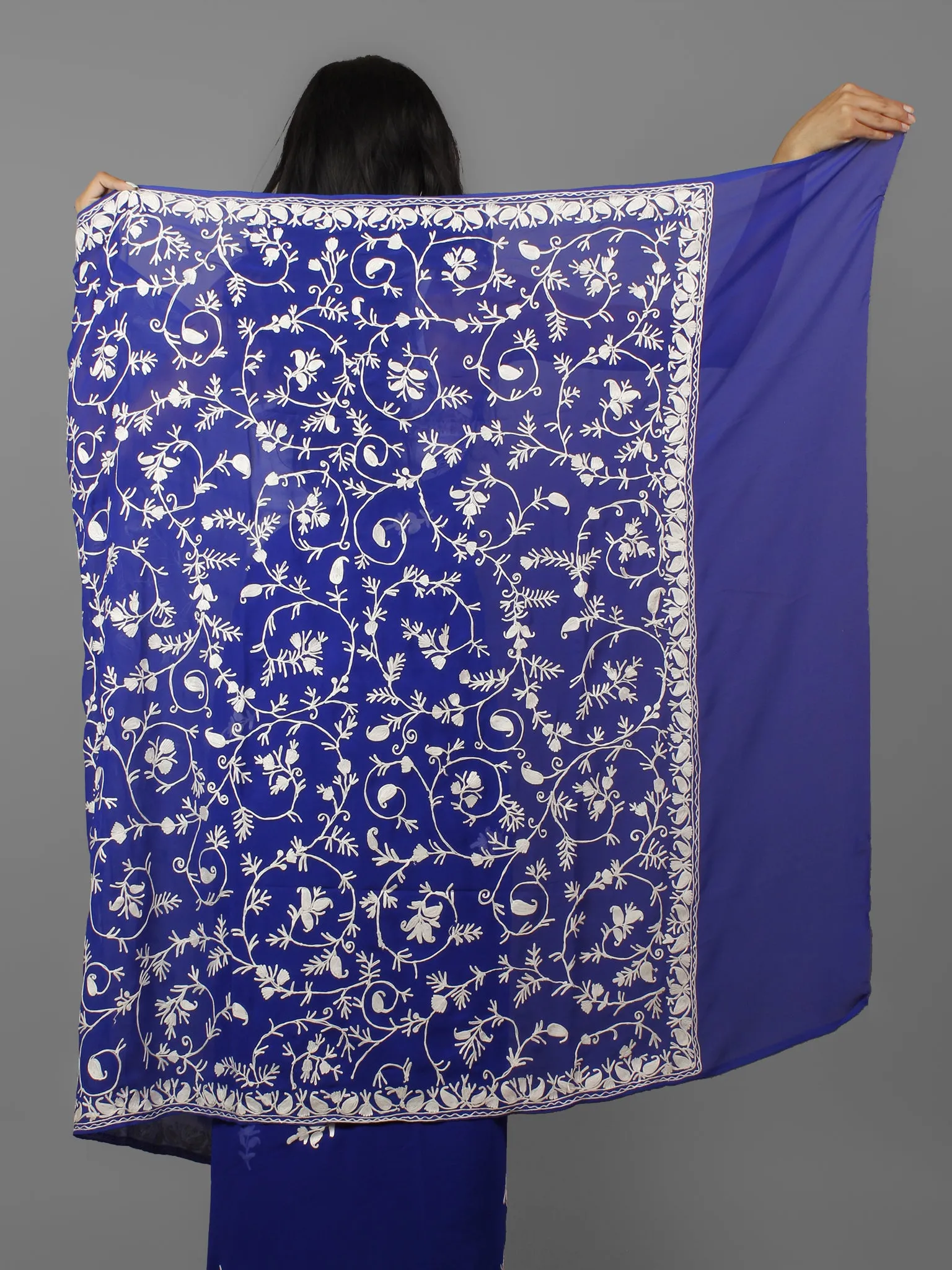 Navy Blue White Aari Embroidered Chiffon Saree From Kashmir  - S031702136