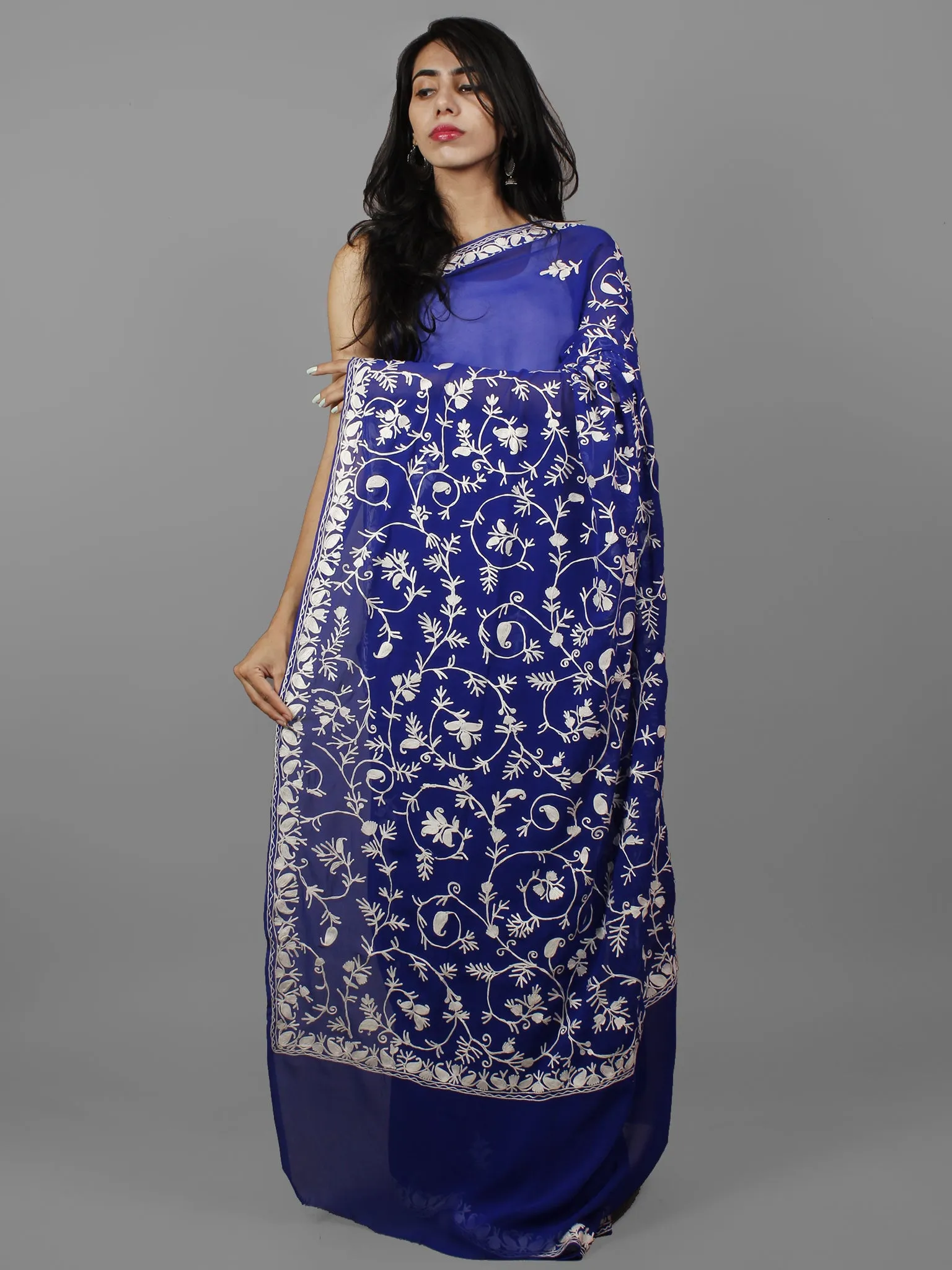 Navy Blue White Aari Embroidered Chiffon Saree From Kashmir  - S031702136