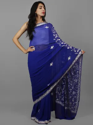 Navy Blue White Aari Embroidered Chiffon Saree From Kashmir  - S031702136