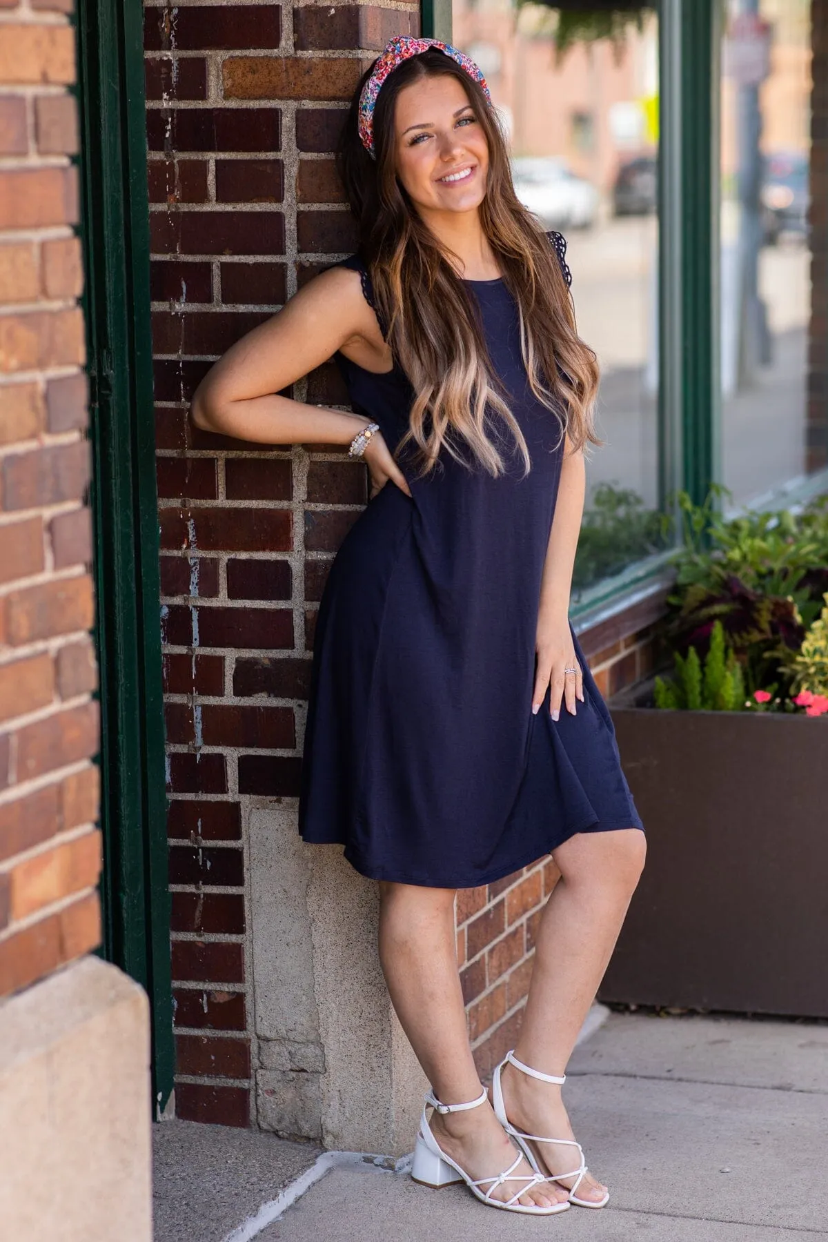Navy Crochet Trim Shift Dress