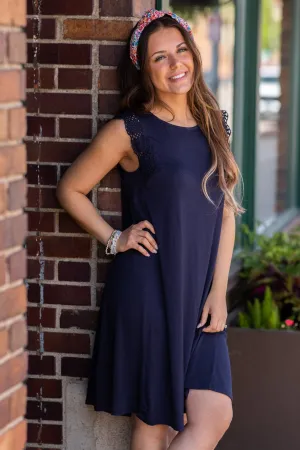 Navy Crochet Trim Shift Dress