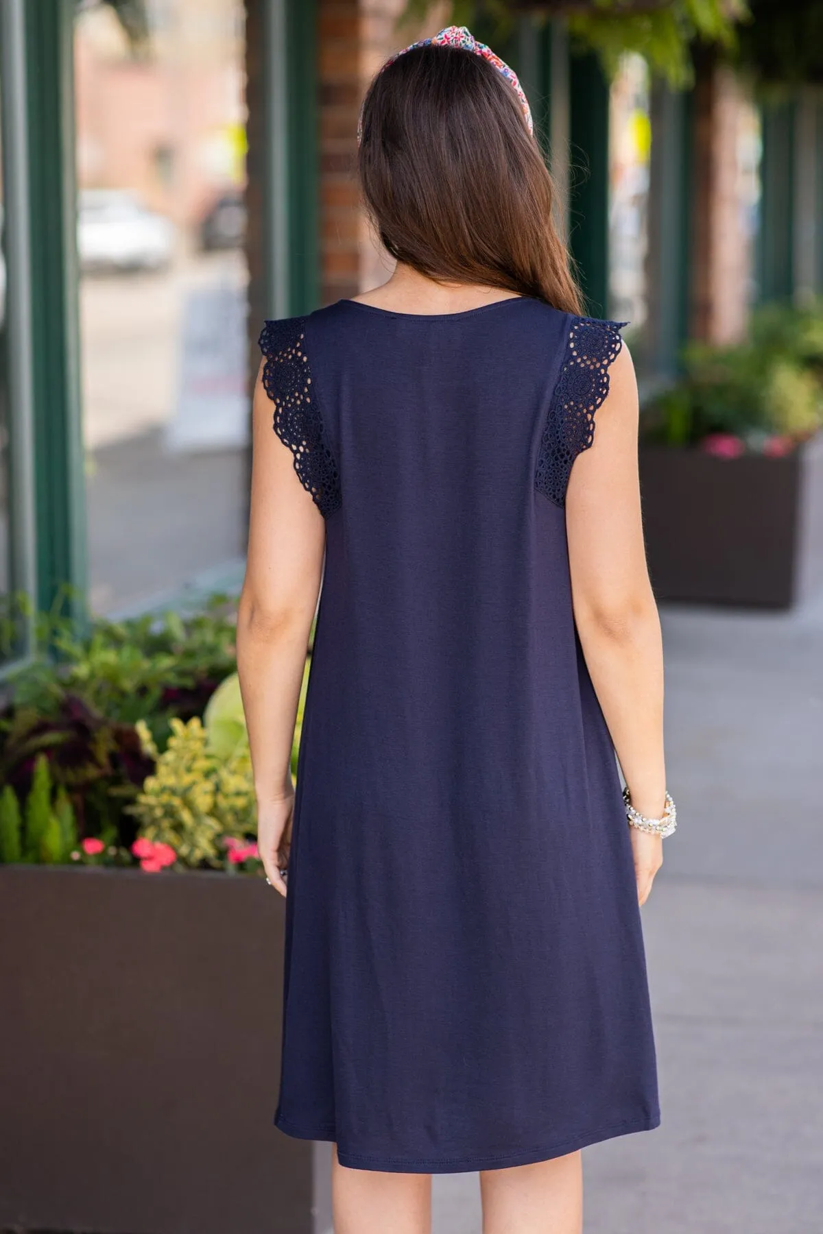 Navy Crochet Trim Shift Dress