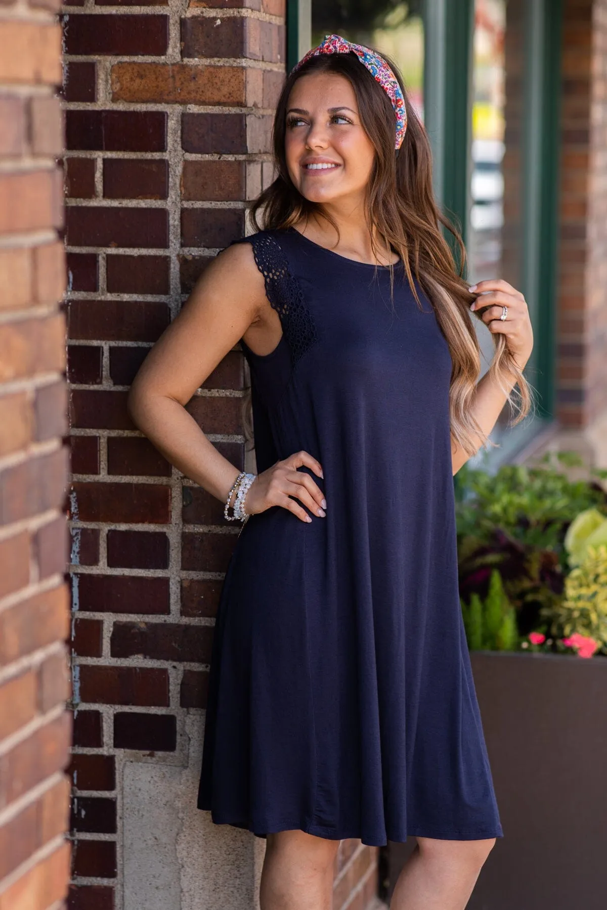 Navy Crochet Trim Shift Dress