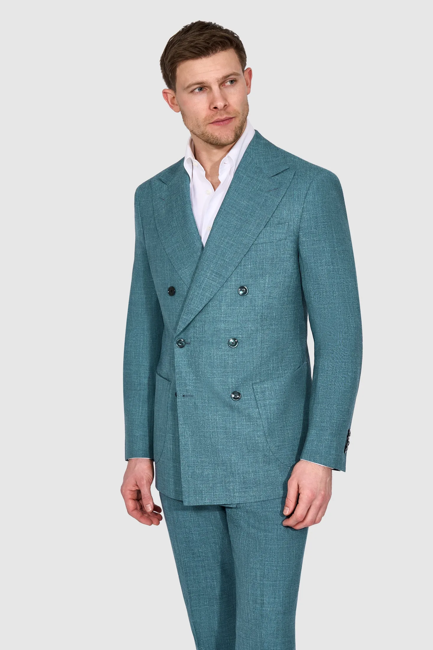 New SUITREVIEW Elmhurst Petrol Wool, Silk, Linen Loro Piana DB Suit - Size 36R and 38R  (Other Sizes Special Order)