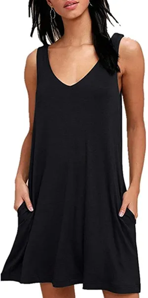 New ZIOOER Women Summer Casual T Shirt Dresses Beach Cover up Pleated Sleeveless Tank Dress in Black, Sz S!