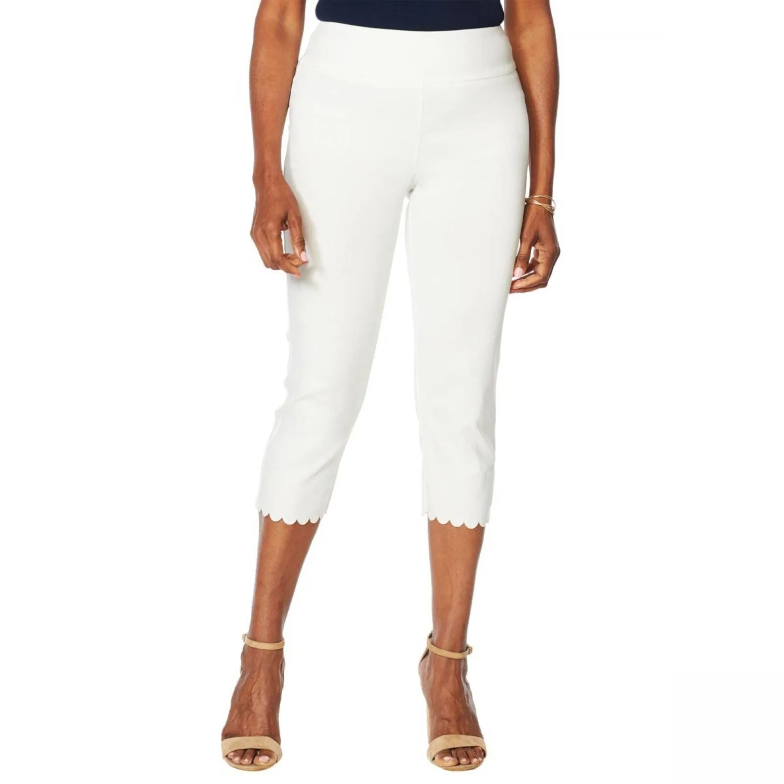 Nina Leonard Womens Pull-On Scallop-Hem Cropped Pant 660168 Ivory Off White S