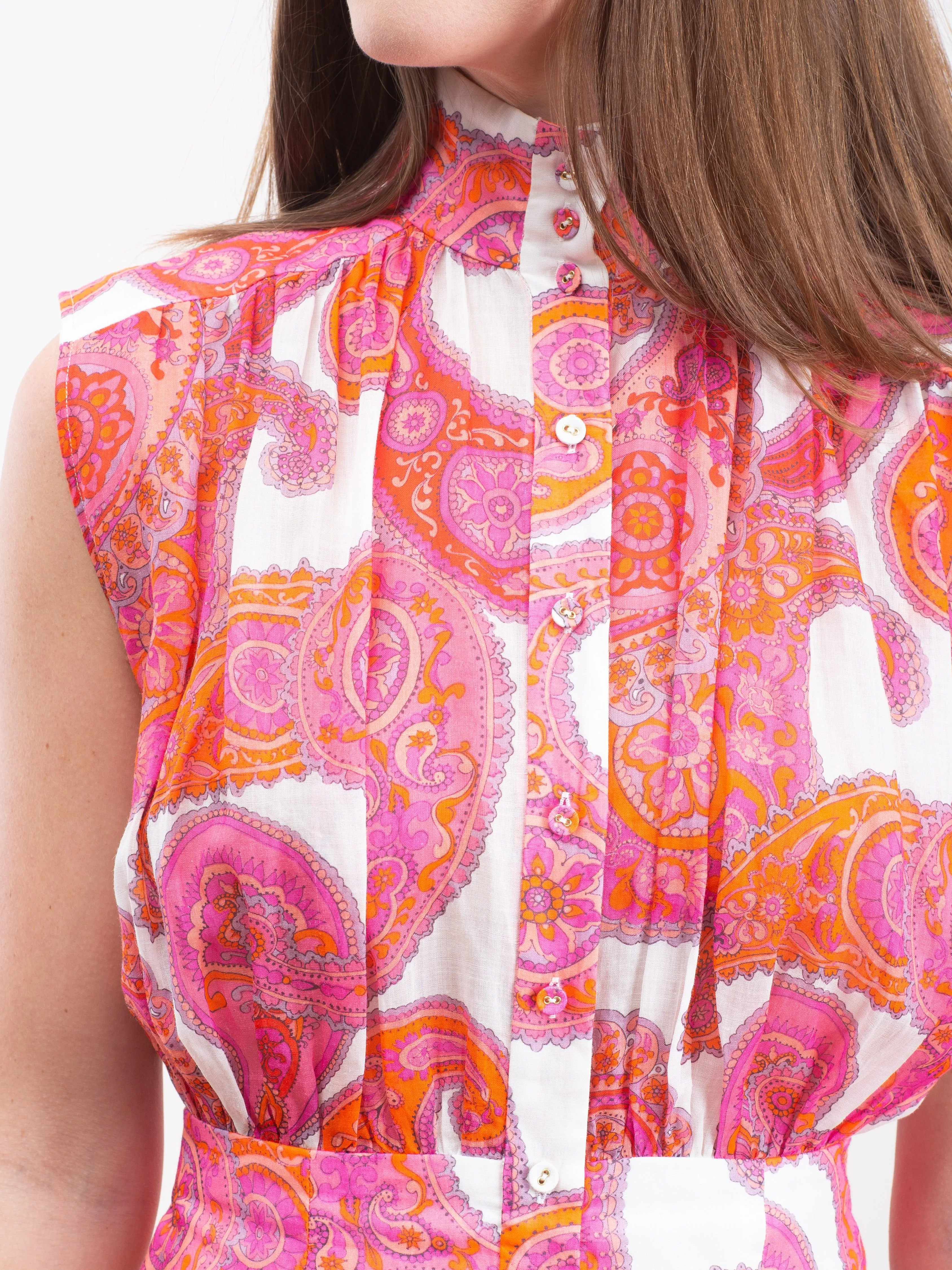 peggy sleeveless shirt dress - magenta ivory paisley