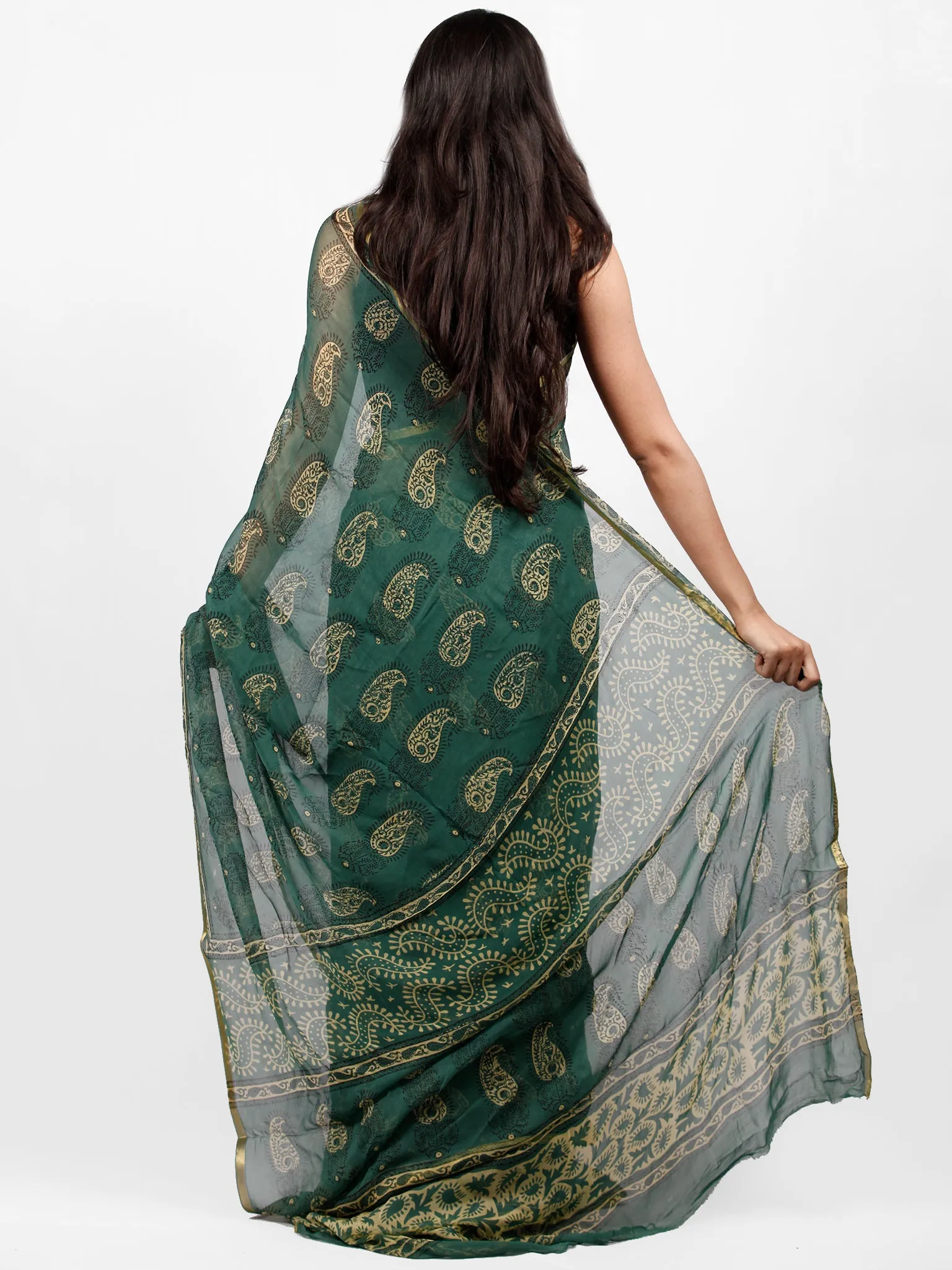 Pine Green Yellow Hand Block Printed Chiffon Saree with Zari Border - S031703248
