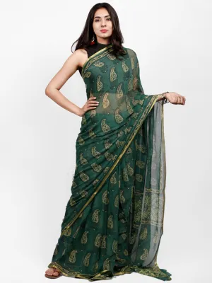 Pine Green Yellow Hand Block Printed Chiffon Saree with Zari Border - S031703248