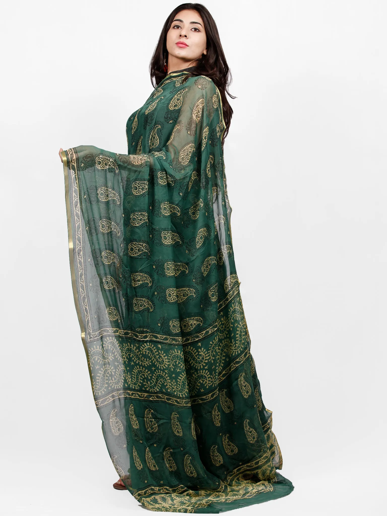 Pine Green Yellow Hand Block Printed Chiffon Saree with Zari Border - S031703248