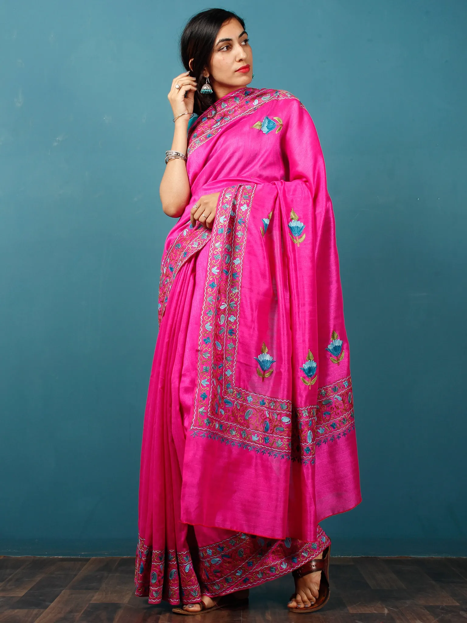 Pink Blue Green Brown Aari Embroidered Bhagalpuri Silk Saree From Kashmir - S031703079