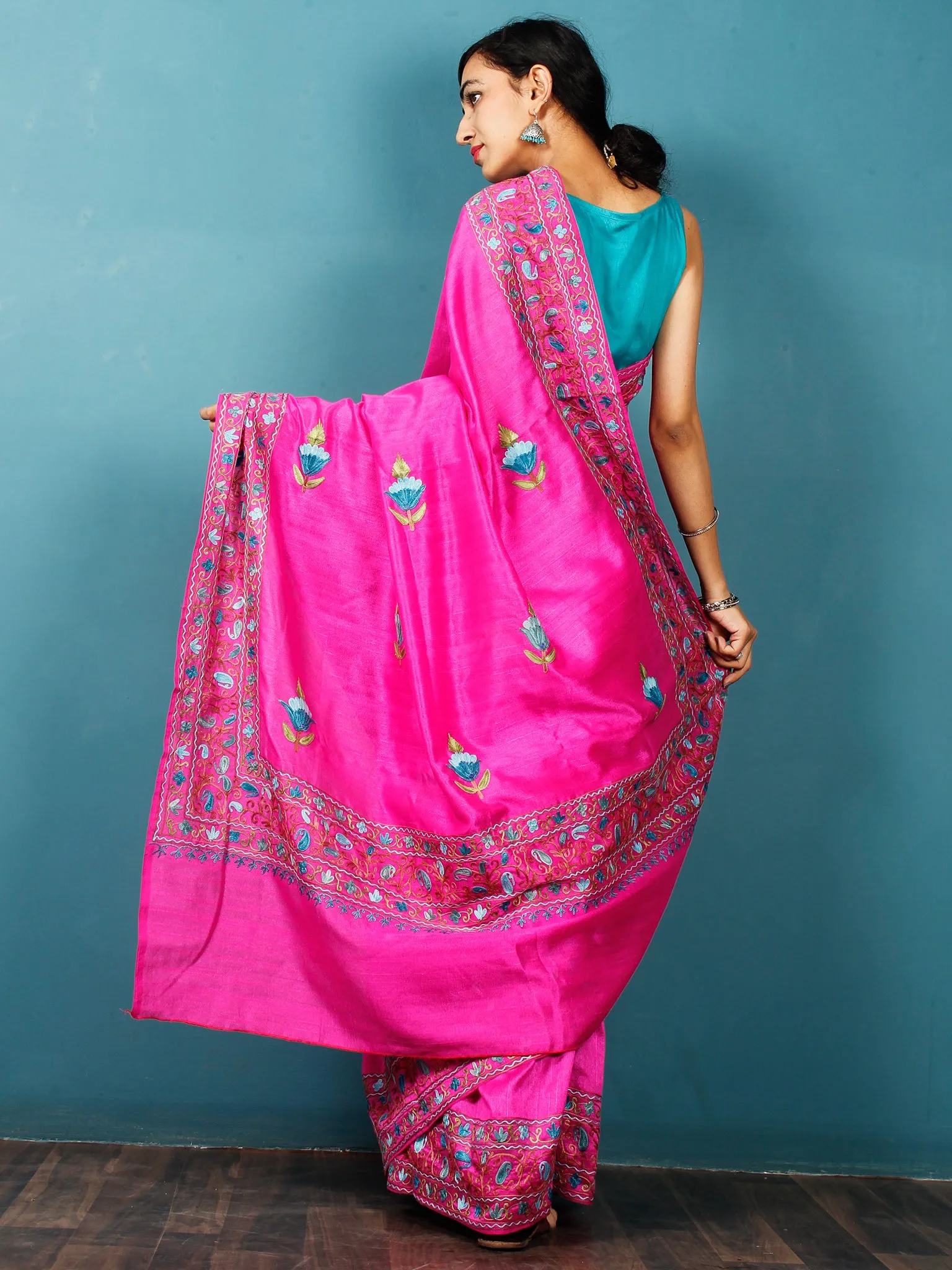 Pink Blue Green Brown Aari Embroidered Bhagalpuri Silk Saree From Kashmir - S031703079