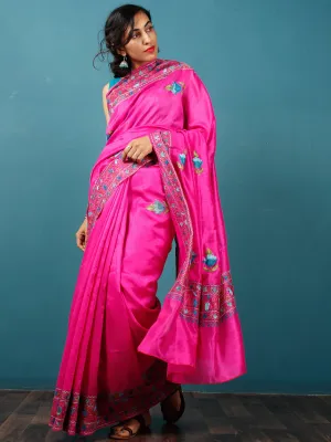 Pink Blue Green Brown Aari Embroidered Bhagalpuri Silk Saree From Kashmir - S031703079