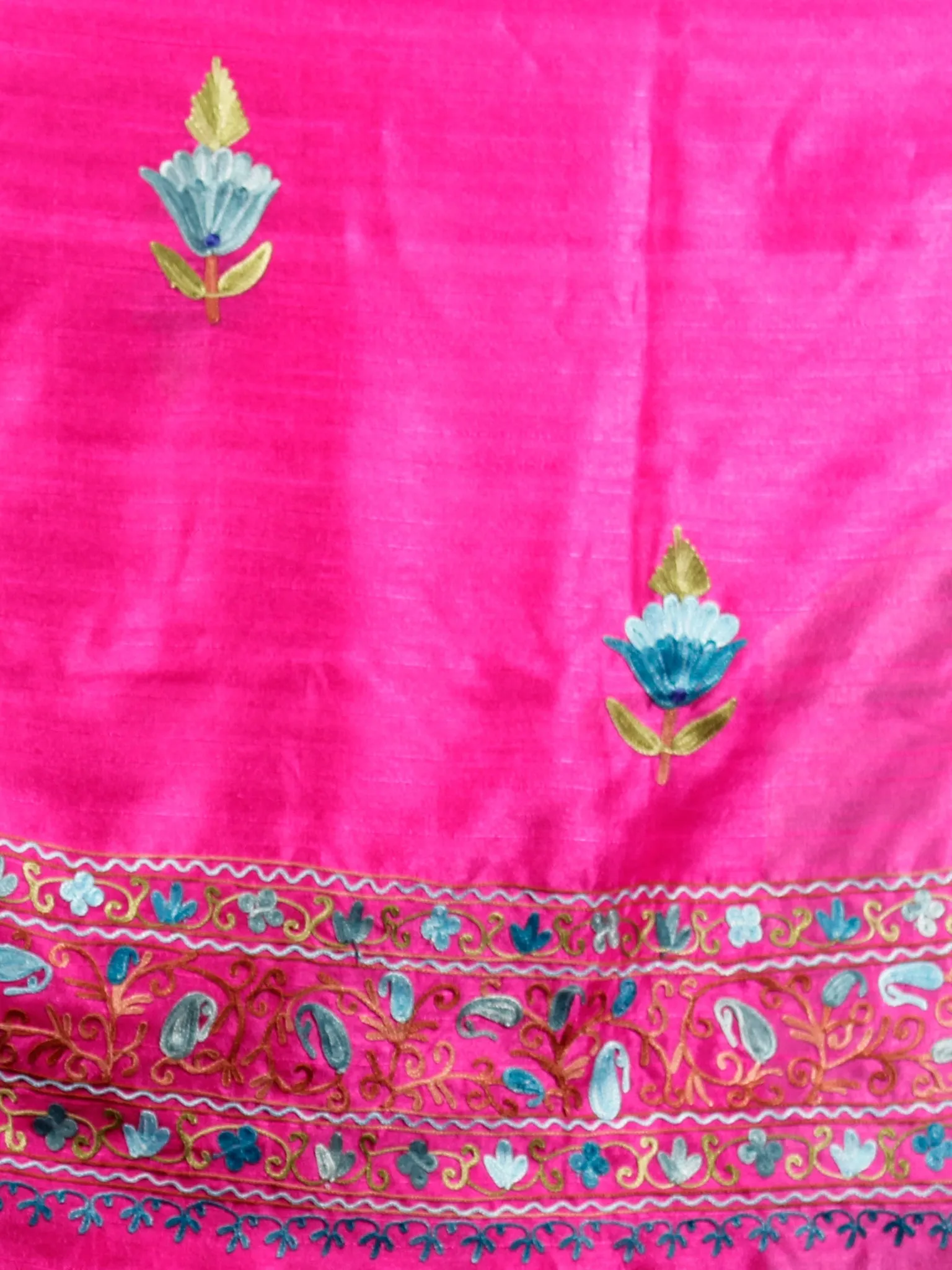 Pink Blue Green Brown Aari Embroidered Bhagalpuri Silk Saree From Kashmir - S031703079