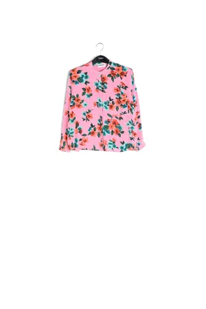 Pink floral and polka dot silk buttoned blouse