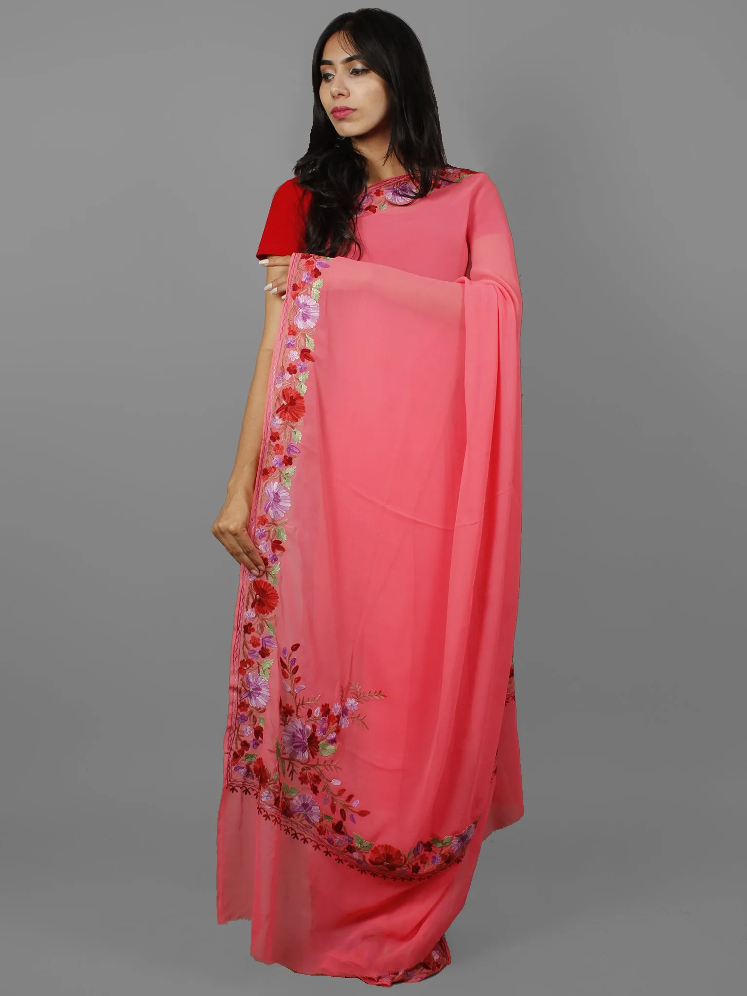 Pink Lavender Red Green Aari Embroidered Chiffon Saree From Kashmir  - S031702163