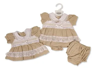 Premature Baby Linen Dress with Lace, Smocking and Bow (3-8 LBS) (PK6) PB-20-711
