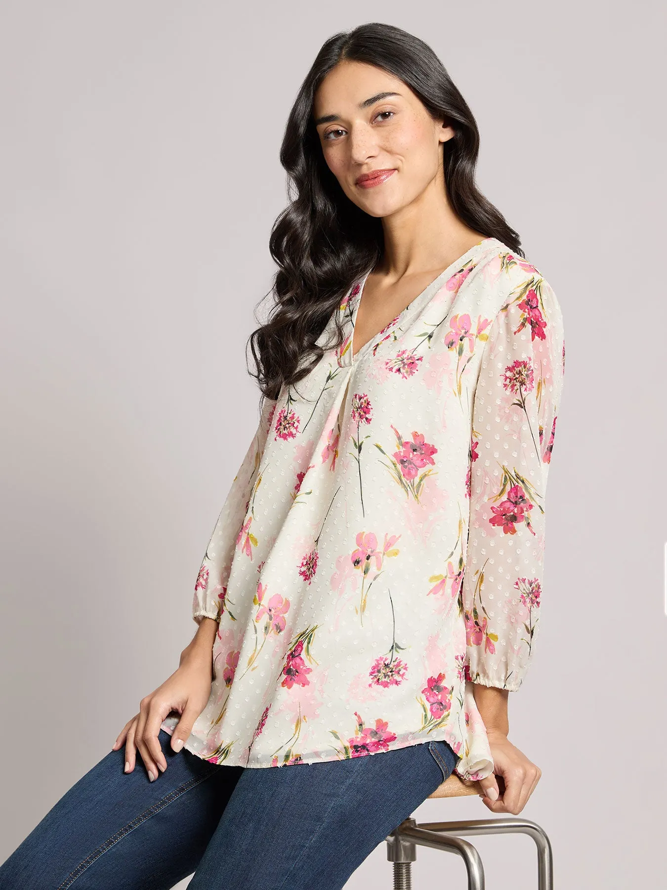 Print V-Neck Pleated Kelly Blouse, Chiffon