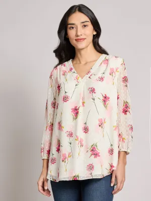 Print V-Neck Pleated Kelly Blouse, Chiffon